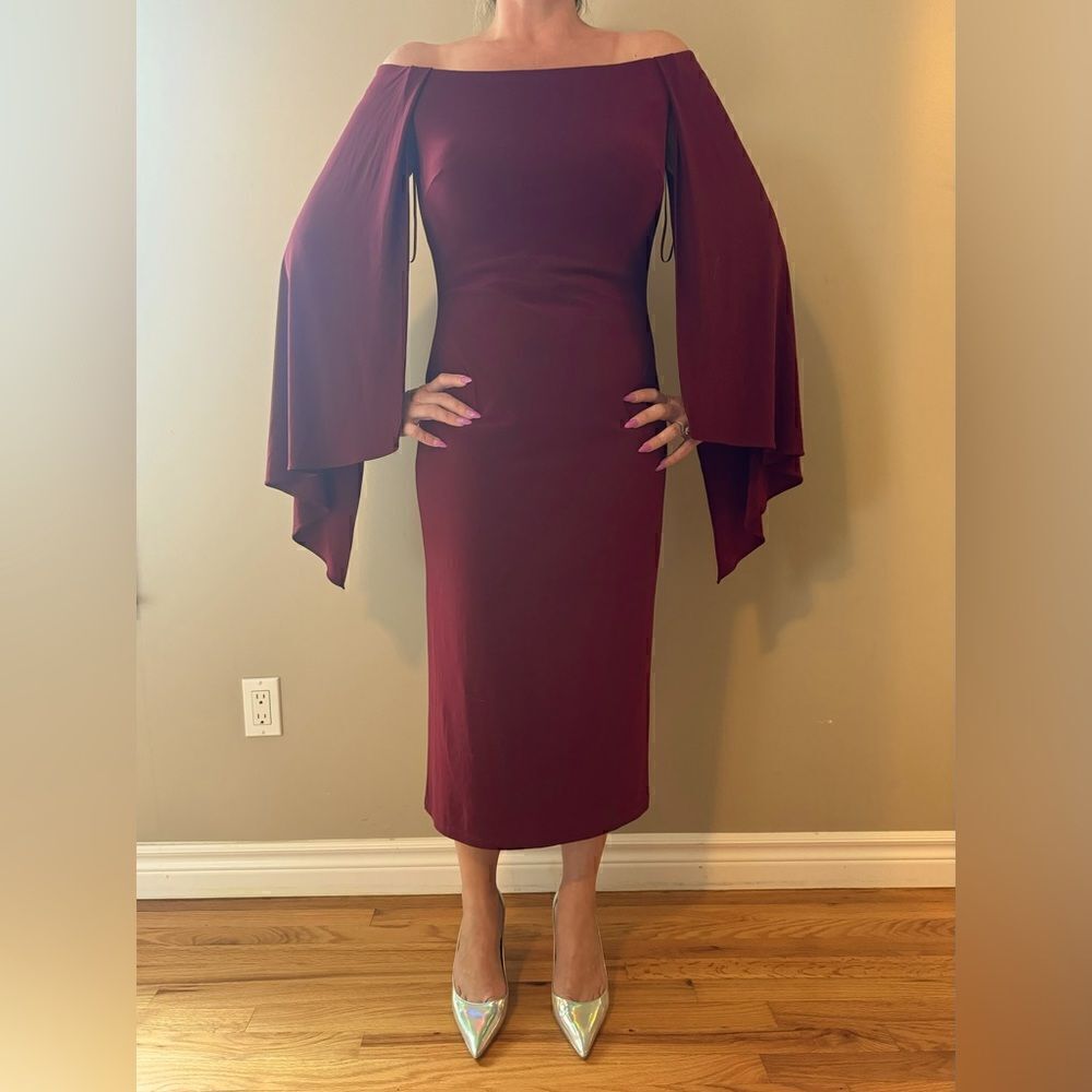 Jovani Off the Shoulder Draped Cape Sleeve Burgundy Dress 12